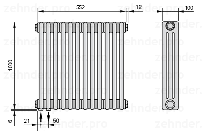 Схема (чертеж) Радиатор Zehnder Charleston 3100/12 №3370 Белый глянцевый RAL 9016